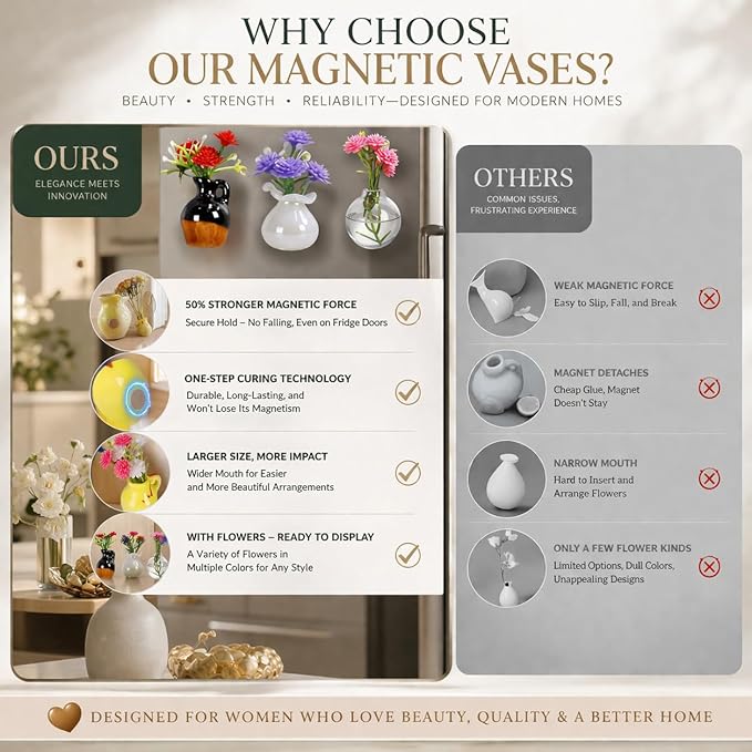Mini Vase Magnets for Fridge - 10-Pack Mixed Ceramic and Glass Bud Vases - Slam-Proof for Mom, Teachers, Coworkers and Office Decor