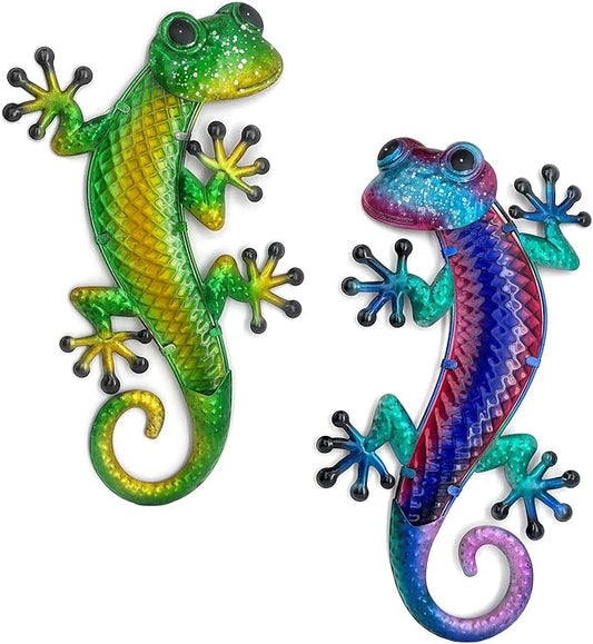 HONGLAND Lizard Metal Wall Art-15 Inch Gecko Wall Decor Hanging Glass Sculpture, 2 Pack Yard Decorations Outdoor for Garden Fence Home