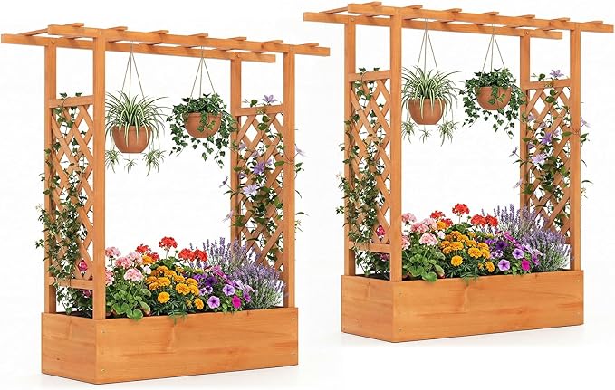 Giantex Wooden Raised Garden Bed with Trellis & Hanging Roof, 2 Pack Fir Wood Planter Box, 45" Freestanding Elevated Garden Bed for Outdoor Climbing Plants Vegetables Flowers, Patio & Balcony, Orange