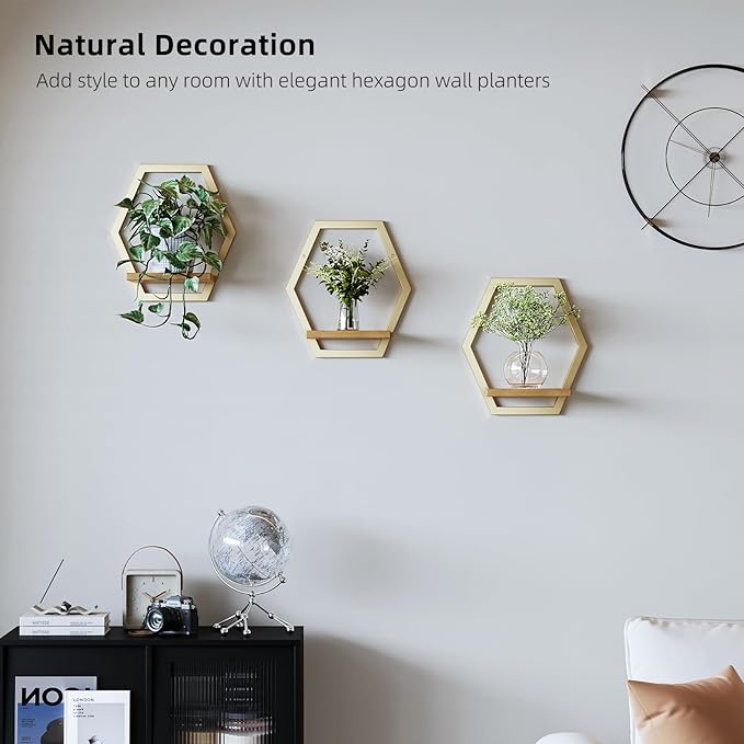3 Pack Solid Wood & Metal Framework Wall Plant Stands,9 inch Natural Wood Shelf of Indoor,Mid Century Modern Hanging Planter for Outdoor Entryway 25 LB Load for Plants Golden