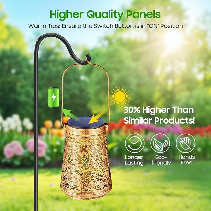 4 Pack Solar Lanterns Outdoor Waterproof Birthday Gifts for Women Mom Grandma, Hollowed-Out Metal Hummingbird Hanging Solar Lantern Lights Outdoor Decor, 2 Lighting Modes for Yard, Patio