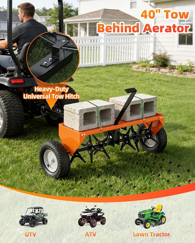 40" Tow Behind Aerator, Pull Behind Lawn Aerator Tool with Universal Hich, 24 Rust-Proof Knives & Heavy-Duty Tires, Plug Aerator for Yard & Garden Compacted Soil, Fits Lawn Tractors, ATV, UTV, Orange