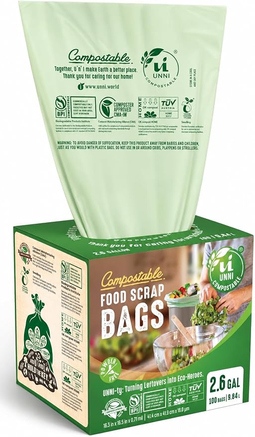 UNNI Compostable Trash Bags, 2.6 Gallon / 9.84 Liter, 100 Count, Extra Thick 0.71 Mil Small Kitchen Food Scrap Bin Liners, Certified by BPI, CMA & OK compost HOME, Meets the ASTM D6400 Standard
