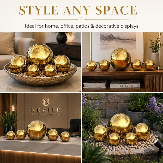 Nerien Gazing Ball, Stainless Steel Garden Mirror Globe, Polished Ornament Sphere, Hollow Floating Reflective Hemisphere, for Home Outdoor Pond Housewarming Swimming Pool Decoration, Gold, 5Pcs Mix