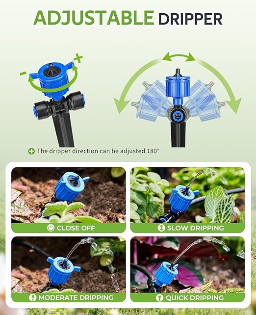 HIRALIY 50FT Drip Irrigation System with Timer, Pressure Compensated Watering Kit with 12 Adjustable Emitters, Quick Connect Garden Irrigation for Patio Pots, Raised Beds and Plants