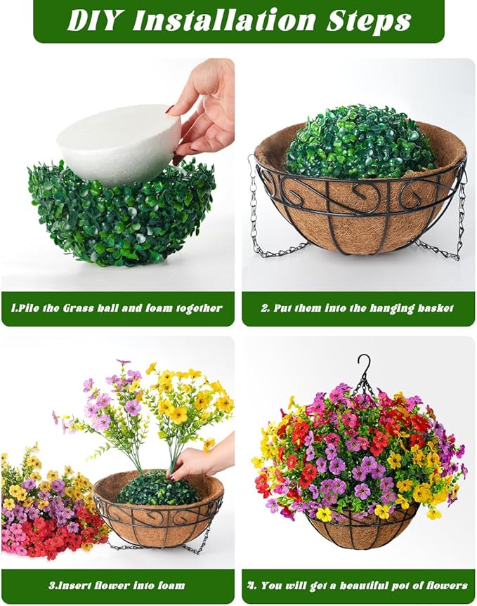 TDHDIKE Artificial Faux Fake Hanging Flowers Plants Basket for Summer Outdoor Outside Decoration UV Resistant Fake Silk Colorful Daisy Eucalyptus for Porch Patio Balcony Yard Garden Home