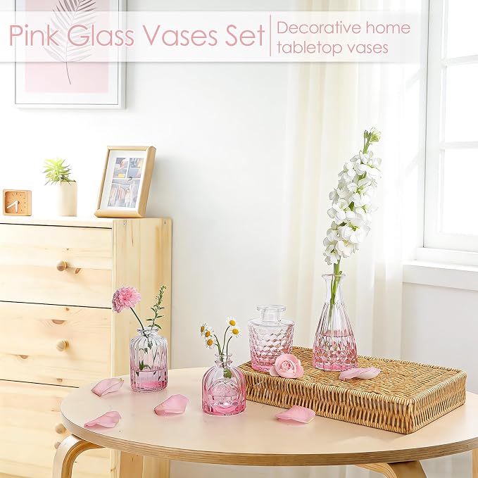 TBWIND Pink Glass Bud Vases Set of 12, Vintage Mini Vases for Centerpieces, Glass Bud Vase in Bulk for Wedding Decor, Single Flowers, Office and Home Table Flower Décor