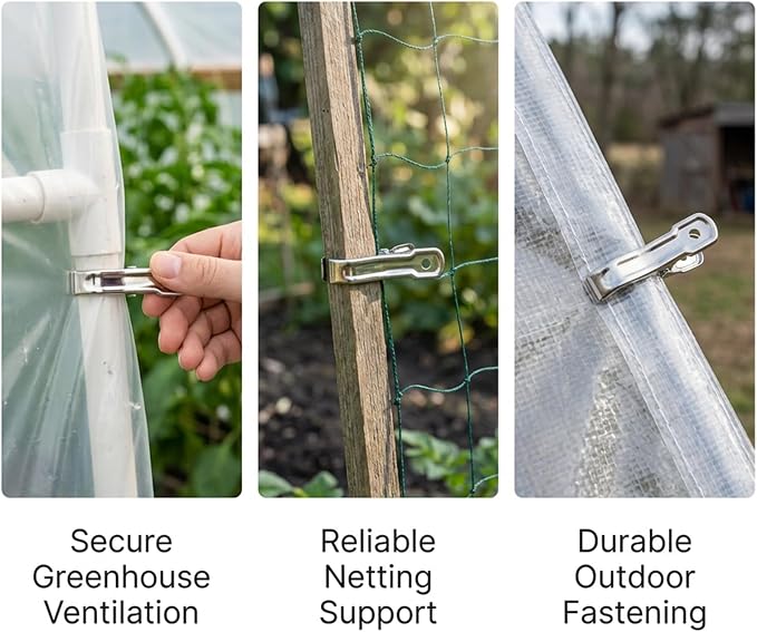 RAINFLOW 50 PCS Garden Clips - Stainless Steel Greenhouse Clamps,Grip Strong Heavy Duty Metal Greenhouse Supplies,Garden Clips for Netting, Hoops,Shade Cloth,Plant Cover
