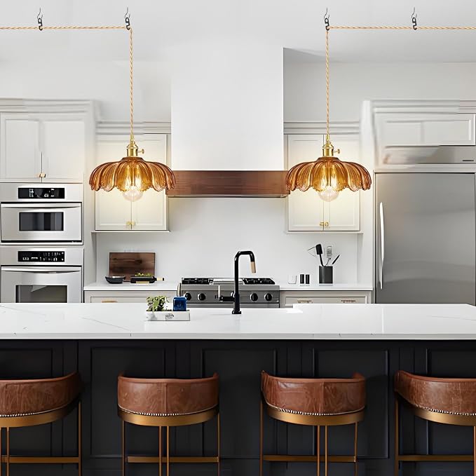 Plug in Pendant Light, Hanging Lights with Plug in Cord, Hanging Light Fixture with Amber Color Glass, E26 Pendant Lighting for Kitchen Island, Bedroom, Dining Room-Browm
