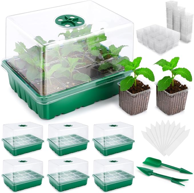 72 XL Cells Seed Starter Tray, 6 Packs Seed Starter Kit Large Size Individual Cells, Seedling Starting Trays with Humidity Dome and High Lid, Germination Kit for Indoor Greenhouse Seed Starter
