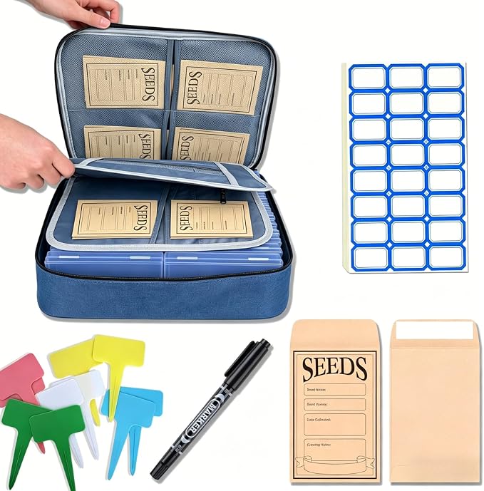 26 Clear Seed Storage Organizer Boxes with 3-Tier Moisture-proof bag Blue that holds 200 Packets, Seed Saving kit with Labels, Markers for Gardeners, Hobbyists to store various seeds long-term