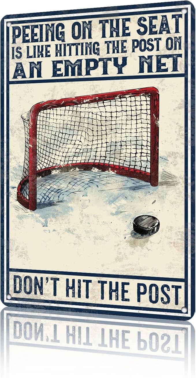 Metal Tin Sign Funny Hockey Wall Decorate Don't Hit The Post Sign for Home Man Cave Garage Bar Basement Decor 8x12Inch
