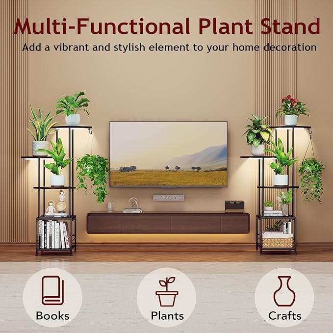 Homsorout Plant Stand Indoor with Grow Light - 5-Tier Metal Plant Shelf with Hanging Basket Hook, Corner Tall Flower Holder for Multiple Plants, Living Room Balcony Garden Patio, Black