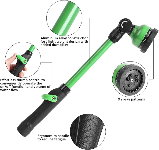 STYDDI Lightweight Watering Wand, 9-Pattern 18" Garden Watering Wand with Pivoting Head and Thumb Control, 18-inch Garden Hose Watering Lance for Container Gardens and Raised Beds, Green
