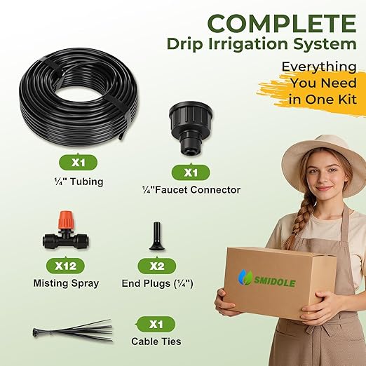 50FT Drip Irrigation Kit, Quick Connect Garden Watering System, Easy Install Drip Irrigation System with Misting Nozzles for Patio, Potted Plants, Small Garden & Greenhouse