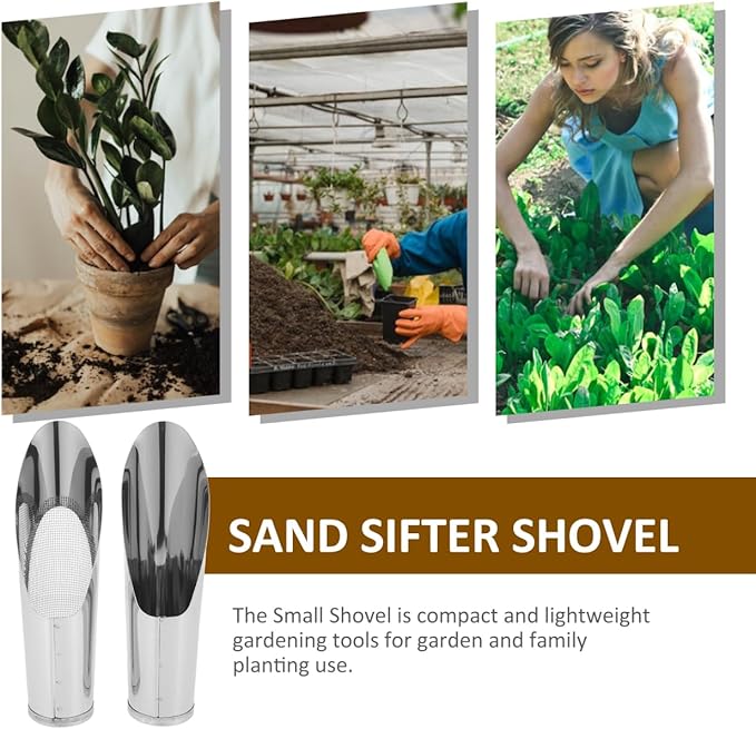BESTonZON 2Pcs Small Soil Scoop and Sifter Set, Stainless Steel Bucket Shovel Bonsai Tools for Indoor Plants, Dirt Scooper Potting Spade for Succulent