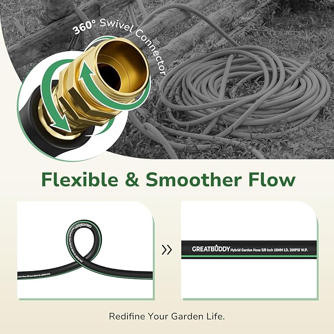 GreatBuddy Garden Hose 75ft, 5/8" Water Hose Heavy Duty, Flexible, Lightweight Hybrid Hose, Burst 600 PSI with Solid Brass Male to Female Fittings Leakproof Hose for Backyard, Garden