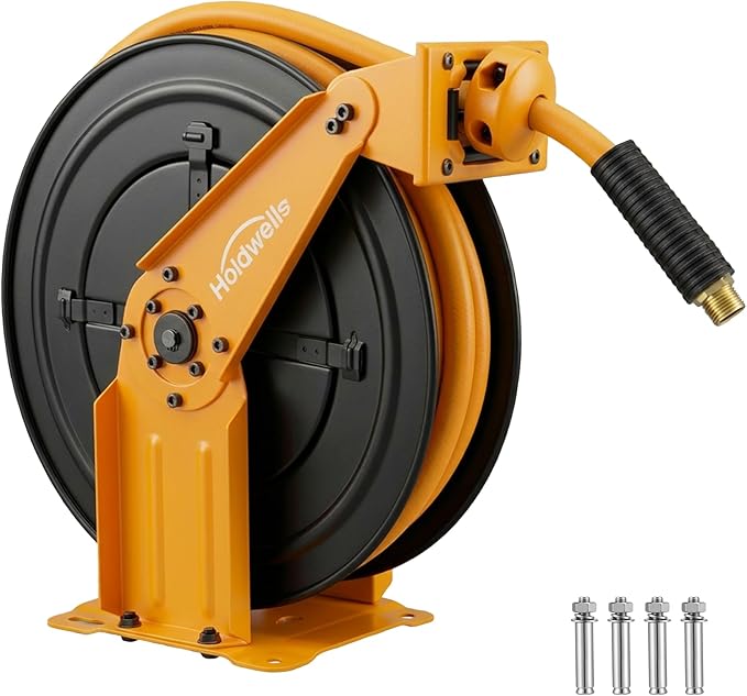 Retractable Air Hose Reel, 1/2" x 50FT EPDM Rubber Air Hose, 300PSI Max, Auto-Rewind & Length-Lock, 1/2" NPT Fitting, Ceiling/Wall Mount Heavy Duty Dual Arm Steel Reel for Workshop/Garage