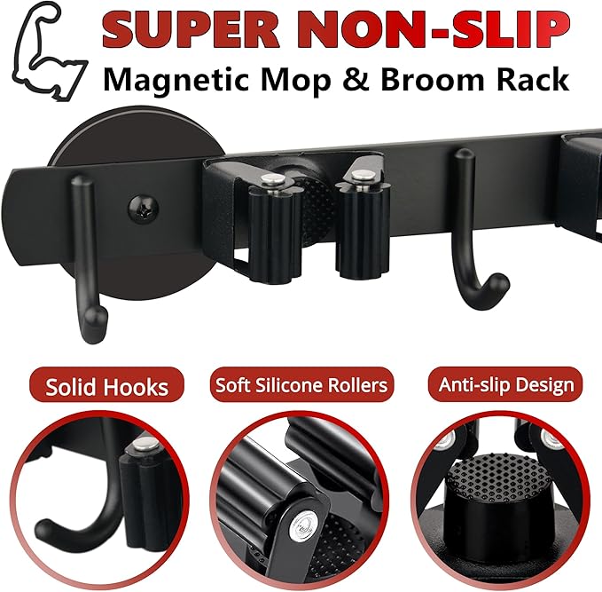ULIBERMAGNET Magnetic Mop Broom Holder,Heavy Duty Movable Magnetic Broom Holder Rack,Anti-slip Wall Mounted Utility Storage Mop Shovel Hanger for Garage, Kitchen, Laundry, Garden(3 Racks / 4 Hooks)