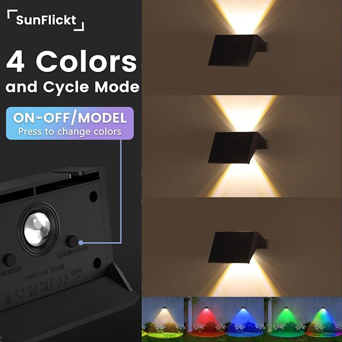 Solar Fence Lights Outdoor, 4 Pack White & RGB Up and Down Solar Wall Lights, IP67 Waterproof LED Dusk to Dawn Solar Powered Fence Lights for Patio, Backyard, Deck, Garden, Yard, Outdoor Wall Decor