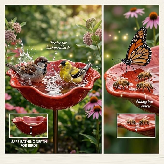 Handmade Metal Flower Garden Stake with Bird Bath & pollinator Water Station, Bee Bath for Garden Metal Bee Water Feeder with Flower Design for Outdoor Yard Decor