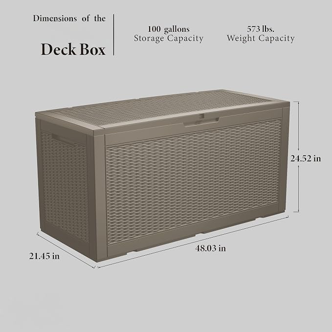 Outdoor Storage Box, 110 Gallon Resin Deck Box Waterproof for Patio Furniture, Garden Tools and Pool Accessories, Lockable UV-Resistant Storage Bin Bench Cabinet for Outside, Grey