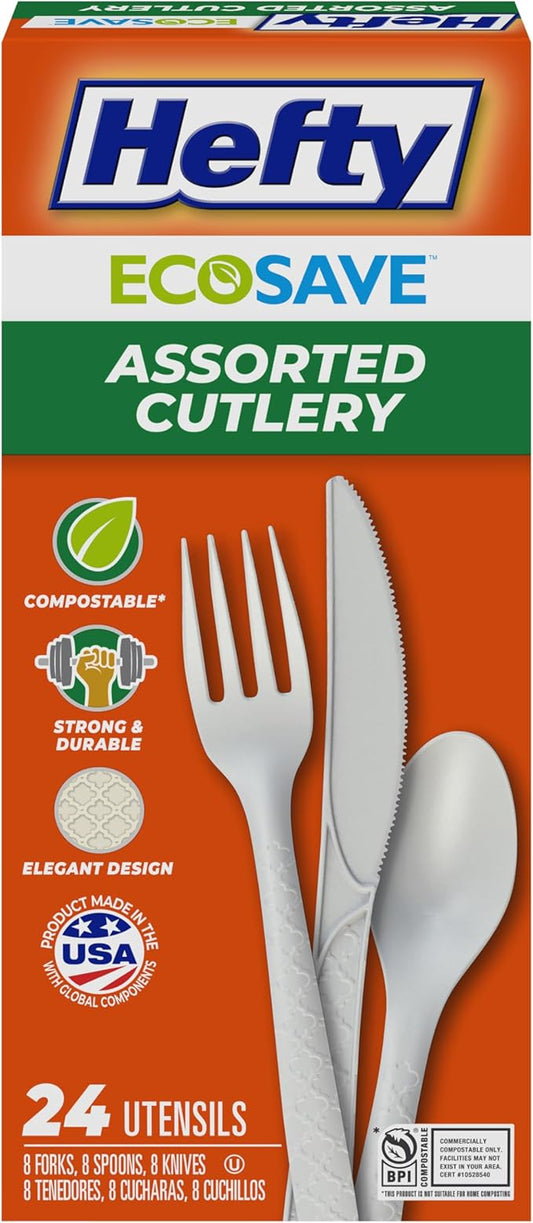 Hefty ECOSAVE Compostable Assorted Cutlery Set, Utensils for BBQs, Tailgates, Camping, Parties, and More, Includes 8 Forks, 8 Spoons, and 8 Knives, Compostable, Sustainable Design, 24 Count