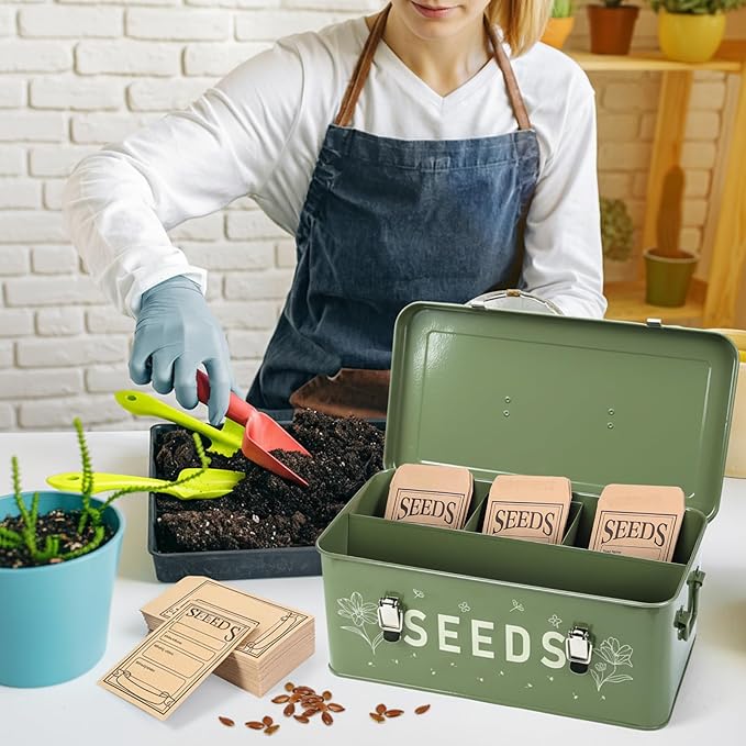 Seed Storage Organizer Box with Dividers, Large Metal Seed Packet Organizer Includes 50 Seed Envelopes, 100 Plant Labels & 50 Plant Clips, Garden Seed Storage Container
