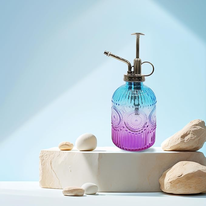 Glass Plant Mister Spray Bottle, 350ML Vintage Plant Spritzer with Top Pump Watering Can for Indoor Outdoor House Plants,Flowers (Blue Purple)