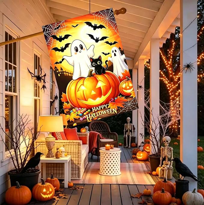 Large Halloween Garden Flags for Outside 28 x 40 Double Sided, Burlap Halloween House Flag, Large Outdoor Yard Flags Ghost Black Cat Decorations for Farmhouse Patio Front Door Porch Garden Décor