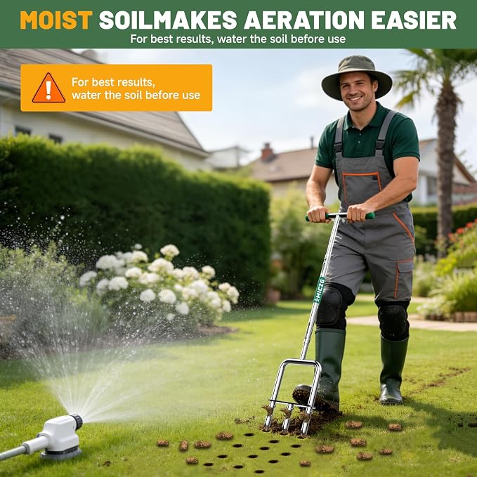 Lawn Core Aerator Tool, Handheld Soil Coring Aerator, 3 Replaceable Hollow Tines Semi-Assembled Grass Plug Aerator for Yard Lawn Garden Care-Green