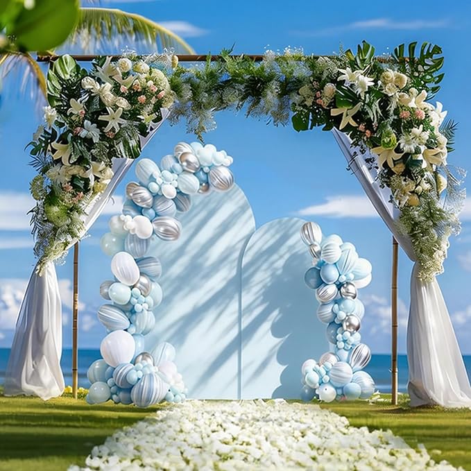 SuuWoee Arch Backdrop Stand Set of 2 With Blue Cover (7.2FT+6FT),Gold Metal Wedding Arch Balloon Stand With Cover for Birthday Party Baby Shower Graduation Ceremony Decoration