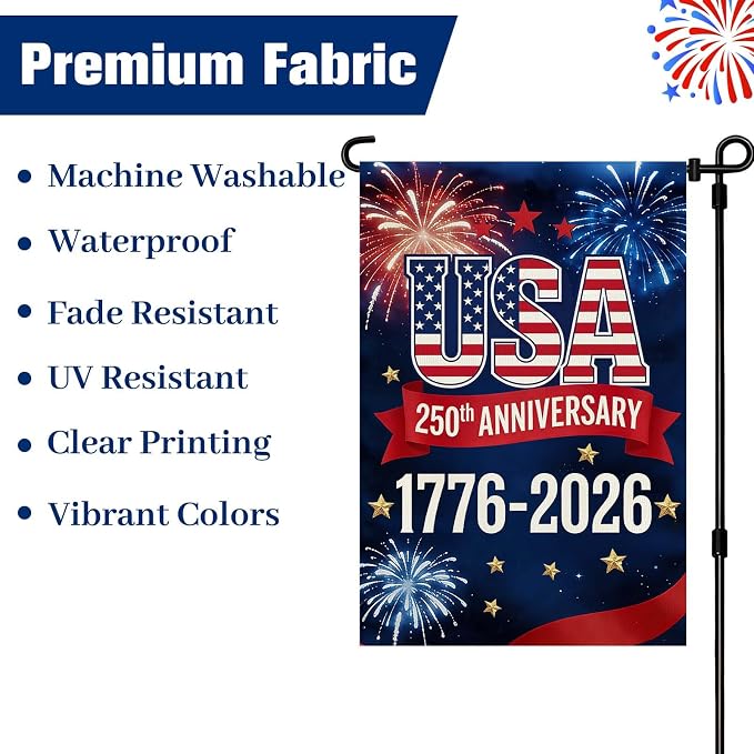 250 Anniversary USA Garden Flag, Double Sided Waterproof Patriotic USA Flag 1776-2026, Outdoor Yard Decor (12x18'')