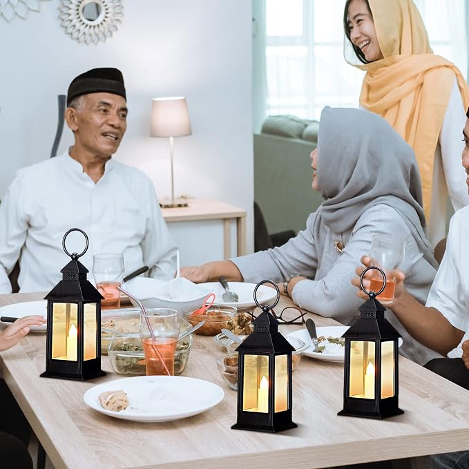 Hoolerry 24 Set 5.5'' Mini Lanterns with LED Candle for Wedding Centerpiece Vintage Decorative Hanging Small Lantern Battery Powered for Halloween Wedding Table Centerpiece(Black)