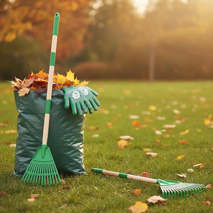 2 Pack Kids Adjustable Leaf Rake Set – 28" to 34" with Detachable Wooden Handles, Lightweight Plastic Head, Designed for Kids, Includes 2 Pairs of Gloves & Leaf Bag (Green)