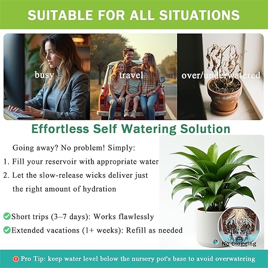 GreenShip 4 Pack Self Watering Planter Insert Watering Spikes, Watering Stakes with Wicking Rope, Plant Spikes for Indoor Outdoor Plants, Vacation Plant Watering Device for Large Planter (Height 17"+)
