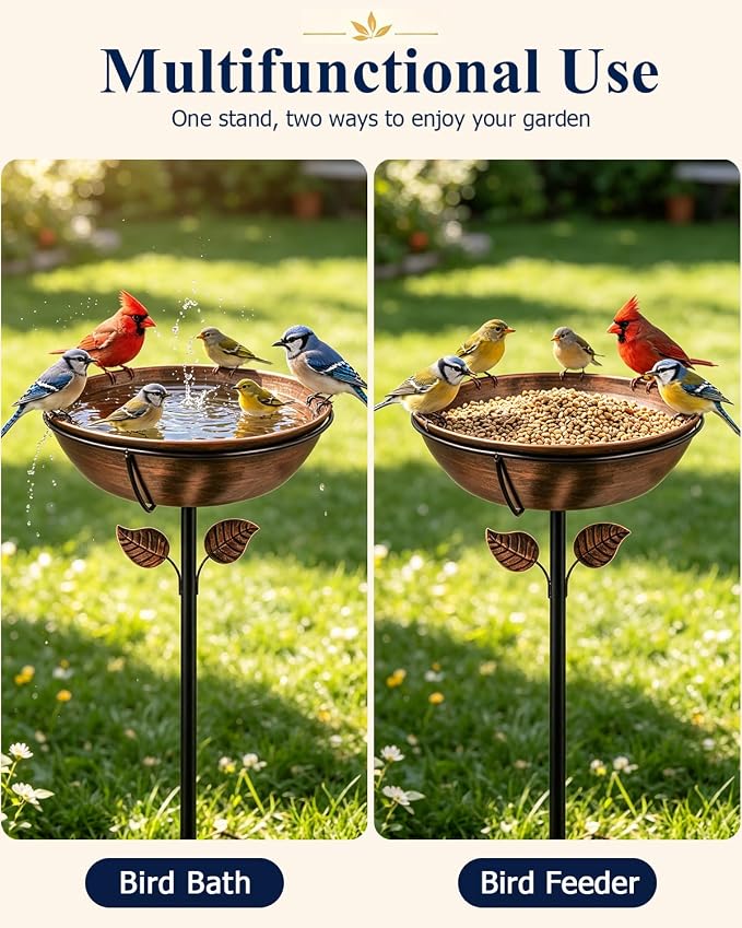 Metal Bird Bath with Solar Fountain for Outside, 3" Deep Removable Birdbaths Bowl with Metal Ground Stake, Easy to Clean Outdoor Bird Bath for Garden Yard Lawn Decor, 1.4 Gallon