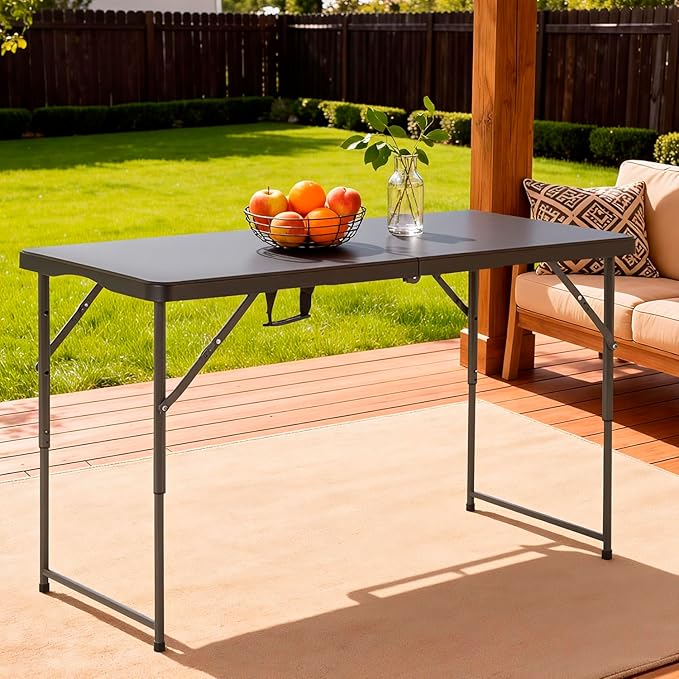 PayLessHere | 4FT Folding Table | Portable Plastic Table with Carry Handle | Waterproof & Foldable Table Design | Steel Frame with Lock | Black | for Events, Camping, Indoor & Outdoor Use
