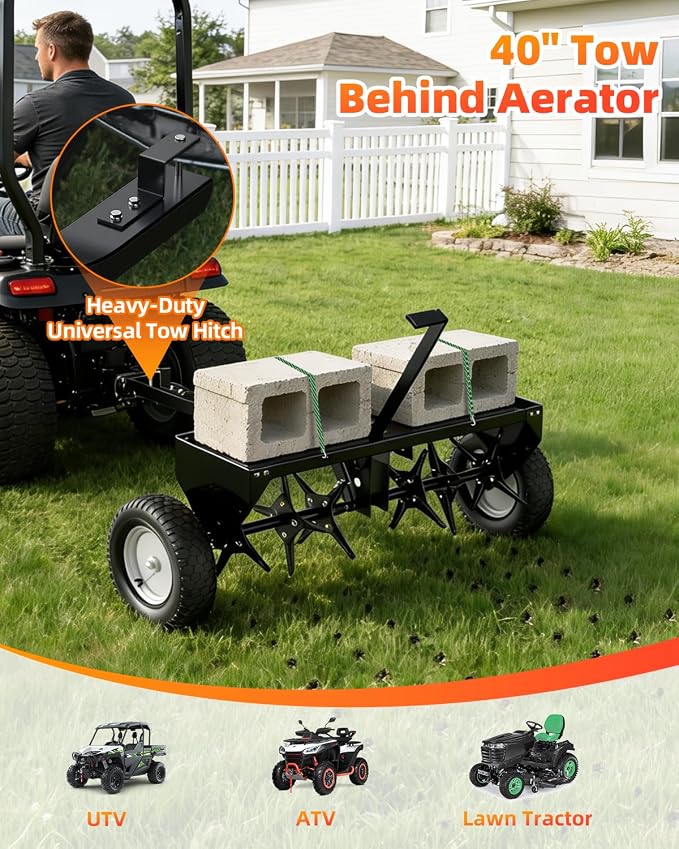 40" Tow Behind Aerator, Pull Behind Lawn Aerator Tool with Universal Hich, 24 Rust-Proof Knives & Heavy-Duty Tires, Plug Aerator for Yard & Garden Compacted Soil, Fits Lawn Tractors, ATV, UTV, Black