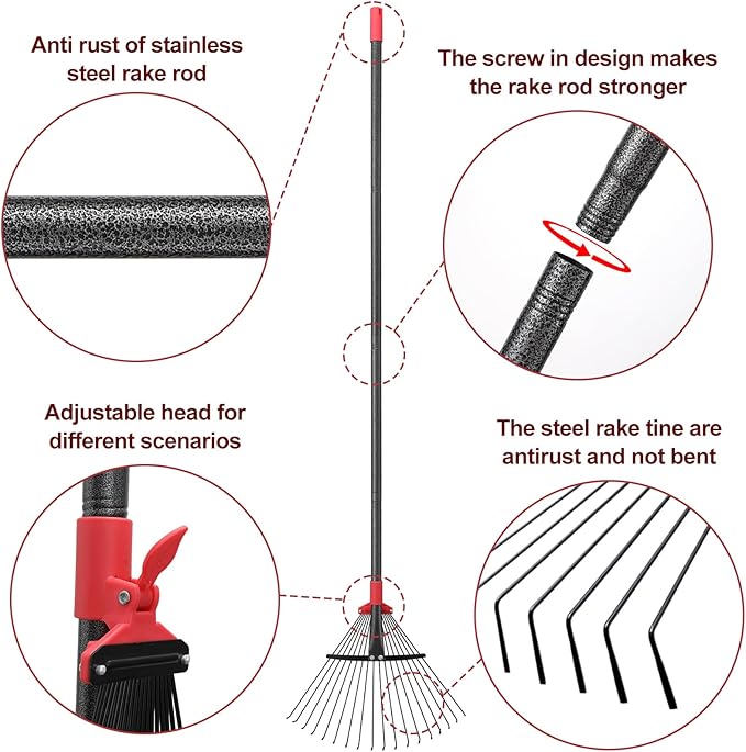 76Inch Adjustable Metal Leaf Rake, 18 Metal Tines Heavy Duty Leaves Rake for Lawns with 8-18" Expandable Head Long Handle Garden Rakes for Women Kids Leaves Yard Gardening Grass Outdoor Camping Debris