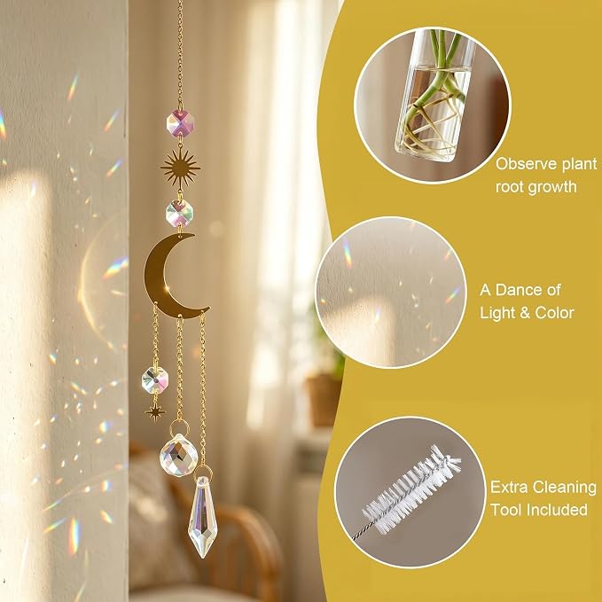 HDCRYSTALGIFTS 4Pcs Crystal Suncatchers with Propagation Stations,Glass Wall Planters for Indoor Plants Hydroponics - Propagation Tubes Jars with Sun Catchers Metal Chain for Home Whimsical Decor