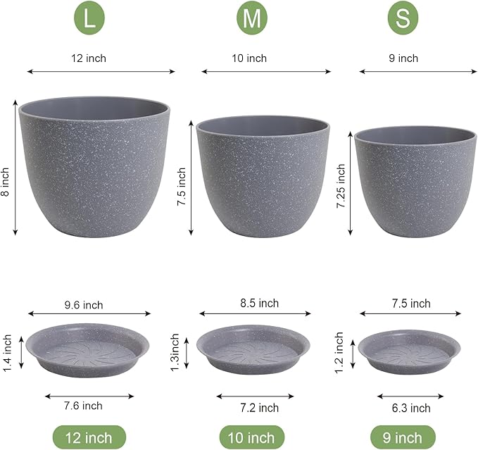 WSMKSZ 12/10/9 inch Large Plant Pots, 3 Pack Modern Decorative Plastic Planters with Drainage Holes and Saucer for House Garden Plants, Flower Pots for Indoor Outdoor Plants, Speckled Grey