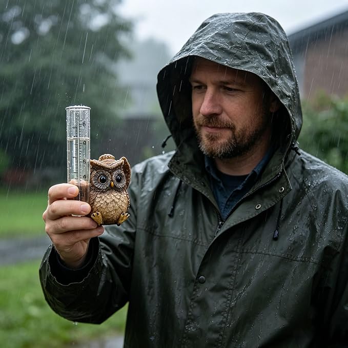 Owl Rain Gauge for Yard Patio, Cute Small Rain Collector Decorative, Unique Outdoor Gardening Garden Ornament with Tube for Home Garden, Deck, Porch, Backyard, Patio & Lawn (Khaki)
