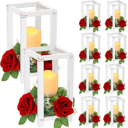 Hushee 30 Pcs Integrated Wedding Lantern Centerpiece Rustic Wooden Holder with Candles and Rings Farmhouse Candle Lantern Decor for Home Valentine Wedding Party Table Decor (White and Red)
