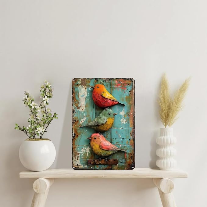 Vintage Cute Birds Metal Sign Retro Bird Tin Plate Wall Decor Rustic Tin Painting for Home Bedrooms Yard Bars Pubs Gardens Patios Porches 8x12 Inch （Non-3D Printing）
