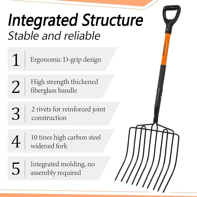 Nohovu Pitchfork for Gardening, 10 Tines Pitch Fork with Non-Slip Handle, Heavy Duty Pitch Fork for Mulching, 45 Inches