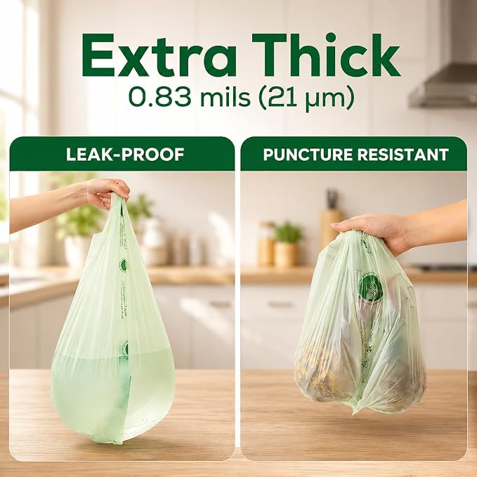 ANECO 4 Gallon Compostable Food Waste Bags with Handles, 30 Count | Extra Thick, For Medium Kitchen Garbage/Bathroom Bin, OK Compost HOME Certified, BPI Certified