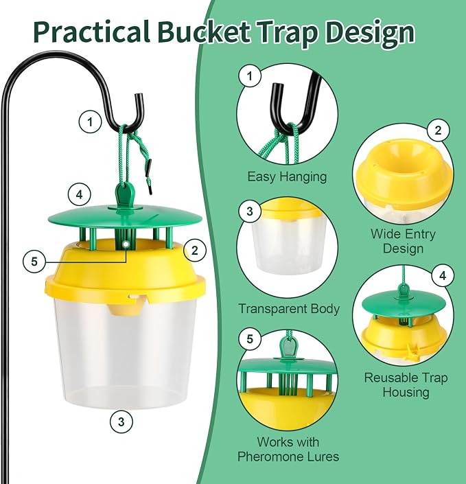 12 Pcs Reusable Leafminer Trap with Pheromone Lures, Bucket Style Insect Trap with 36.2'' Ground Stake, Outdoor Monitoring Tools for Citrus Trees Garden Orchard (2 Lures Included)