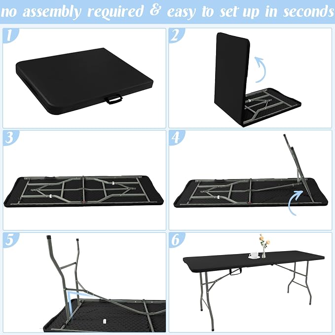 Fivenl 5 Feet Portable Folding Table Black, Steel Legs Fold-in-Half with Carrying Handle Rectangular Plastic Foldable Table for Party, Wedding, Camping, Picnic, Dining, Indoor Outdoor Events