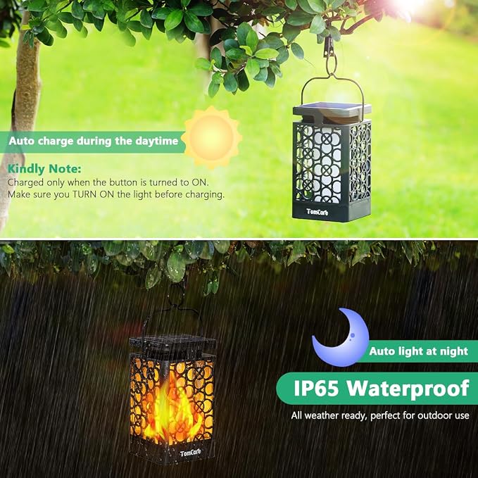 TomCare Solar Lights Upgraded Solar Lantern Flickering Flame Outdoor Hanging Lantern Decorative Lighting Solar Powered Waterproof LED Flame Umbrella Lights for Patio Garden Deck Yard, 4 Pack